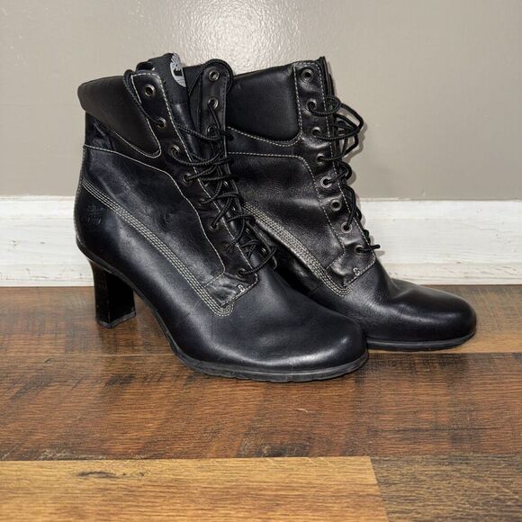 TIMBERLAND Black Leather Lace Up Heeled Booties Combat Boots Grunge Retro sz.8 - Picture 1 of 7